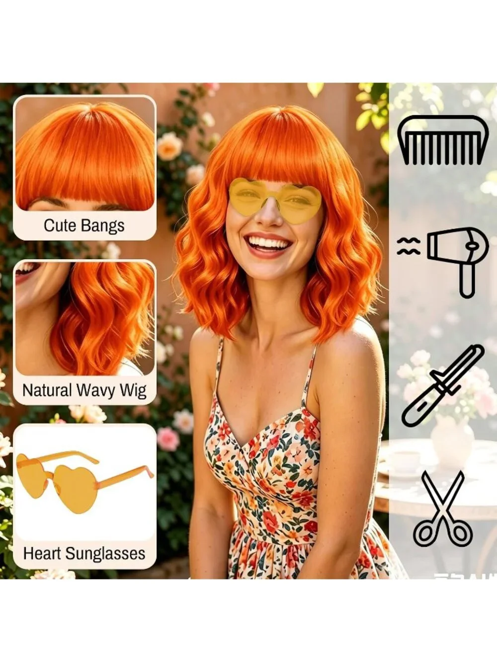 Women's Orange Curly Bob Synthetic Wigs Bangs With Neon Heart Sunglasses